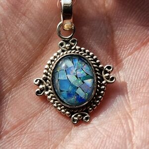NWT Old Stock 925 Blue Fire Opal Mosaic Pendant Necklace Vintage Style